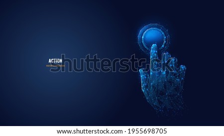 3d hand with index finger pressing or pushing button. Action or gesture concept in dark blue. Abstract vector image looks like starry sky. Digital polygonal wireframe with dots, lines and shapes