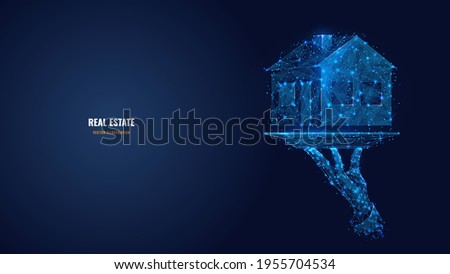 3d hand holding house icon on plate. Abstract vector agent’s arm and home in dark blue. Real estate, rental, sale or investment concept. Digital low poly wireframe with dots, lines, shapes and stars
