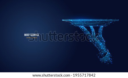 Digital 3d hand holding plate. Abstract vector waiter carrying dish in dark blue background. Best service in restaurant or hotel concept. Low poly mesh wireframe with dots, lines, stars and shapes
