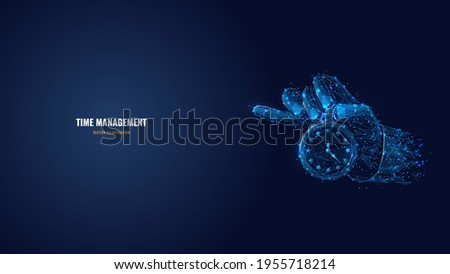 Digital vector 3d hand holding clock or stopwatch in dark blue. Time management, planning, life control or business concept. Abstract low poly wireframe with connected dots, lines, stars and shapes

