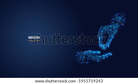 Digital 3d hands giving and receiving coin. Abstract vector illustration in dark blue. Donation money, charity, payment concept. Low poly mesh wireframe with connected dots, lines, stars and shapes 
