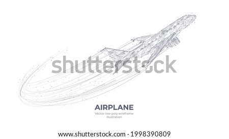 Digital airplane flying up isolated in white. Aviation, air transport concept. Abstract sketch drawing of aircraft taking off, condensation trail. Low poly mesh wireframe with connected dots and lines