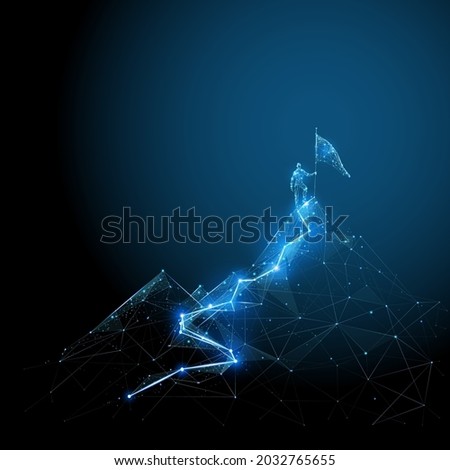  Abstract 3d man climbing to the top. Digital vector wireframe of human holding flag in dark blue. Career or personal growth concept. Low poly monochrome mesh with connected dots, lines and shapes
