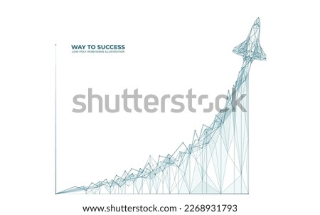 Rocket launch. Exponential growth chart from polygons. Technology fast growth. Business or finance, career concept. Digital space shuttle technology. Isolated vector illustration on white background.