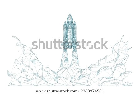 Rocket launch. Digital 3D space shuttle from polygons and lines isolated on white background. Technology abstract cosmos or start up concept. Vector low poly wireframe illustration.