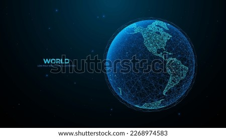 Western hemisphere. Abstract digital isolated Earth. Technology polygonal globe on dark background. Futuristic vector illustration. Sci fi blue planet.
