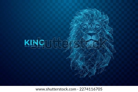 Abstract digital lion in polygons, lines and connected dots. King of beasts. Technology wild concept. Low Poly Wireframe 3D Vector illustration in blue.