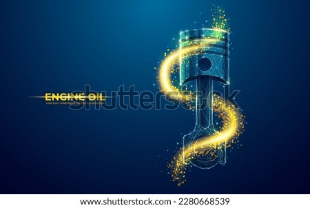 Engine piston in oil. Car motor oil or auto engine synthetic lubricant 3d vector illustration with vehicle piston. Low poly wireframe background.