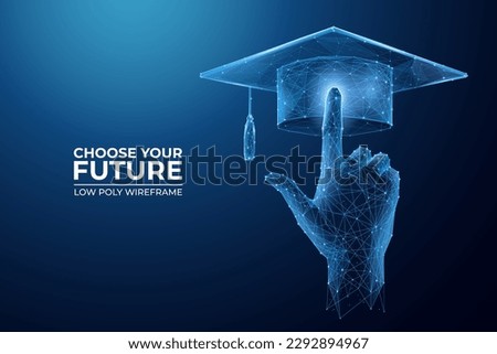 Hand pointing at graduation cap on technology blue background. Choice of education concept. 3D low poly wireframe vector illustration in form of a starry sky or space. 