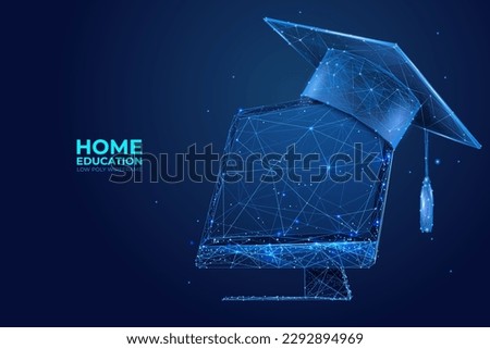 Virtual or Home Education. Computer monitor with Graduation Cap. Education, e-learning, online courses concept. Low poly wireframe vector illustration.