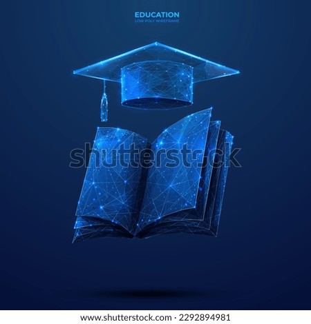 Abstract graduation cap over a book. E-learning or Education concept. Digital 3D Vector illustration in technology blue on dark background. Low poly wireframe style.