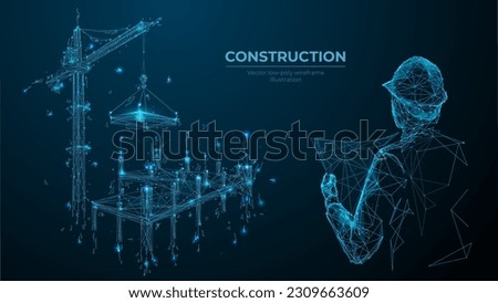 Building under Construction site. Architect Holding Blueprints near Construction. New Building. Man with Project in Helmet. Crane Constructing House. Abstract polygonal wireframe vector illustration.