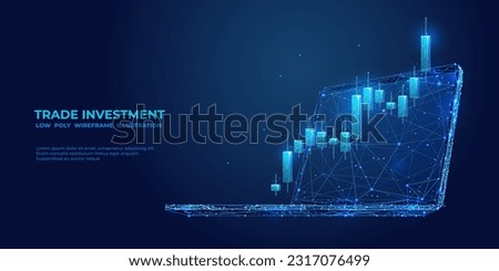 Trade investment concept. Digital graph chart on laptop screen. Stock market candlestick in polygonal wireframe style. Web banner with abstract 3D vector illustration on blue technological background