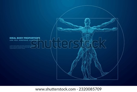 Digital Vitruvian Human. Da Vinci'S Anatomy Body is Made of connected dots, lines, and triangles. Abstract Polygonal Wireframe Vector Illustration on Technological Blue Background. 