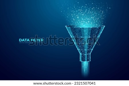 Digital Funnel and Abstract Data Flow in Techno Blue Background. Marketing and Analytics Concept. Low Polygonal Filter in connected dots, lines, shapes, and polygons. Modern Vector 3D illustration. 