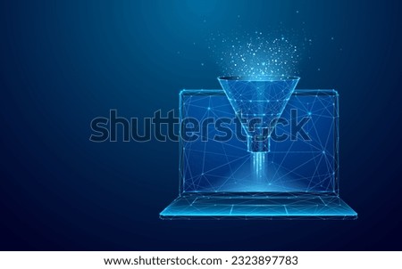 Digital Sales Funnel on Laptop. Big Data Concept on Technological Blue Background. Abstract Data Flow and Filter on the Screen. Low Poly Wireframe Vector Illustration. Starry sky polygonal style.