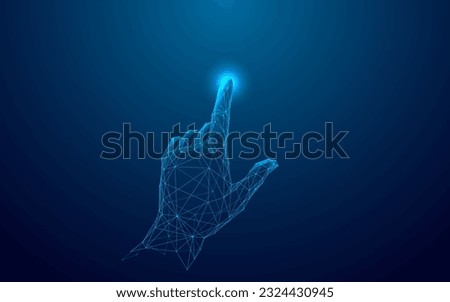 Abstract Digital Human Hand Touching on Glowing Dot. Low Poly Vector Illustration on Dark Blue Technological Background. Light Wireframe Connection Structure. Futuristic Technology Concept. 
