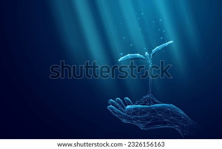 Digital Human Hand Holds the Plant in Palms. Futuristic Eco or Biotechnology Concept. Hand open palm holds the sprout. Glowing Low Poly Wireframe Vector Illustration on Blue Technology Background.