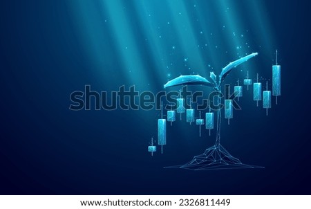 One Sprouting Plant and Candlesticks. Economy Growth or Investment Concept on Dark Blue Background. Abstract Digital Low Poly Wireframe Vector illustration with 3D effect. Futuristic Polygonal Style.