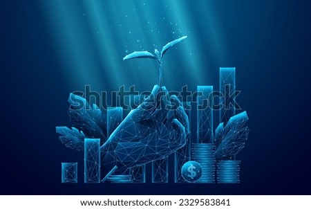 Sustainable Economy Concept. Abstract Digital Hand-Holding Plant on Technological Blue Background. Low Poly Wireframe Vector illustration Consist of Connected Glow Dots, Lines, and Geometric Shapes.
