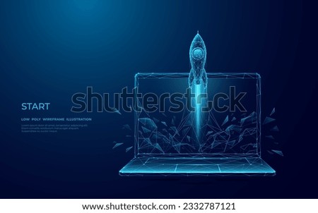Abstract Rocket Takes Off From the Laptop Screen. Spaceship Launch with Smoke. Start Up and Boosting Concept. Low Poly Wireframe Vector Illustration on Technological Blue Background. 3D Effect.