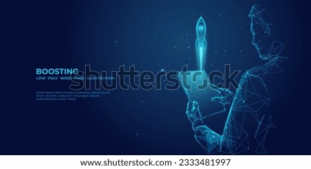 An abstract businessman is holding a tablet with Rocket launching a hologram. Digital Boosting or Start-Up Concept. Futuristic low poly user in technological blue. Vector 3D illustration. 