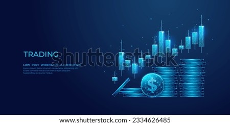 Digital stock exchange trading. Investment candle sticks and dollar coins in blue modern abstract polygonal style with 3D effect on the technological background. Low poly wireframe vector illustration
