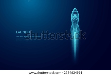 Digital rocket launch into outer space. Boosting and takeoff career concept. Abstract spaceship in blue on technological background. Low poly wireframe vector illustration with 3D effect.