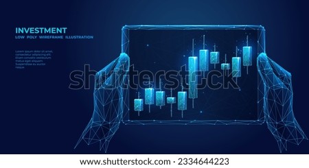 Digital close-up human hand holding tablet with abstract stock market candlestick. First-person view of trading app on technological background. Low poly wireframe vector illustration with 3D effect