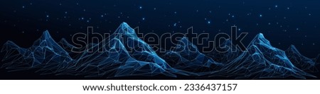 Abstract night Mountains digital landscape. Digital low poly wireframe vector illustration with 3D effect. Panorama of geometric peaks and starry sky on a technology blue background. Connected dots.