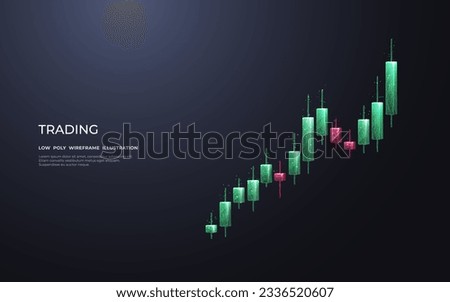 Japanese candlesticks consist of connected dots, lines on dark gray background. Stock market and investment concepts. Low poly wireframe vector illustration with 3D effect. 
