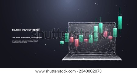 Trade investment concept. Stock market candlestick in polygonal wireframe style. Digital graph chart on laptop screen. Abstract 3D vector illustration on dark technological background.