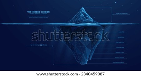 Abstract Iceberg illusion diagram. What people see and what is success hidden part of hard work. Low poly wireframe vector illustration on technology blue background.