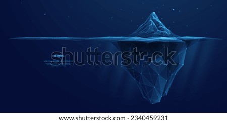 Digital Antarctic iceberg in the ocean in futuristic polygonal style on dark blue technology background. Abstract Metaphor of Big Data or hard work to success. Low poly wireframe vector illustration.