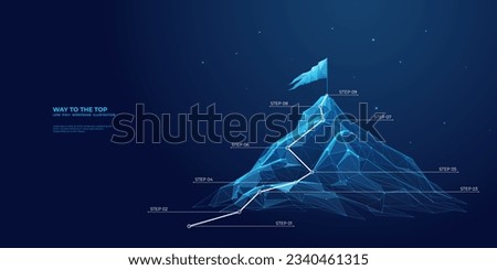 Abstract mountain with flag and with a route to the top. Infographics with nine steps to success. Low poly wireframe vector illustration. Way to the goal in digital futuristic style.