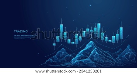 Hi-tech hologram of mountain ranges with glowing vector chart of investment financial data. Stock market concept. Low poly wireframe vector illustration. The path to success or investment goals.