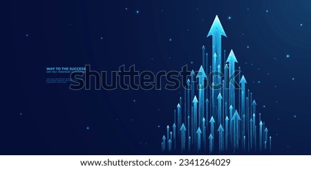 Abstract business arrow-up growth in a pyramid form in a futuristic low poly wireframe style. Digital development progress concept. Boosting sign in the technological blue banner. Vector illustration.