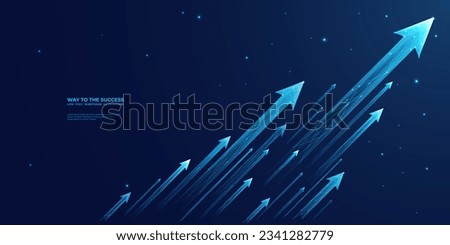 Digital bunch of glowing arrows up diagonally. Abstract boosting conception of high-speed Internet connection. Light low poly wireframe vector illustration on technology blue background. 