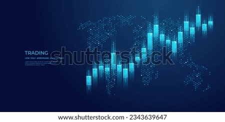Abstract stock market candlesticks and world map on technology blue background. Low poly wireframe digital growing graph chart with glowing light effect. Vector business banner. Investment concept.
