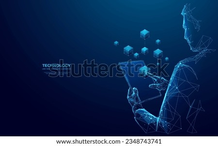 Abstract businessman is holding tablet with a blockchain hologram. Digital innovation or fintech concept. Futuristic low poly metaverse in technological blue. Vector 3D illustration of cryptocurrency.