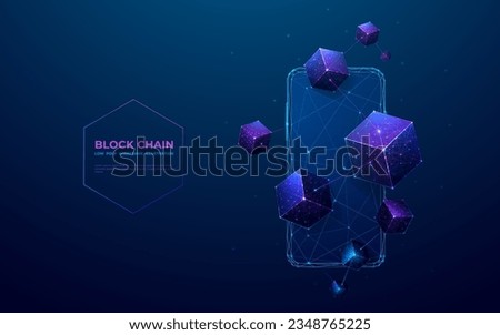 Blockchain digital technology. Abstract linked 3D blocks on technology blue smartphone background. Futuristic low poly wireframe cryptocurrency or metaverse concept. Polygonal cubes and phone.