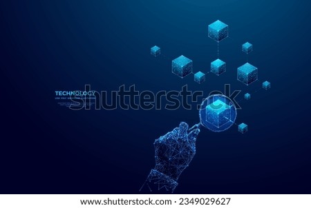 Abstract human hand with magnifying study blockchain icon. Research and analysis of blockchain technology. Futuristic low poly wireframe vector illustration. Modern polygonal style on blue background.