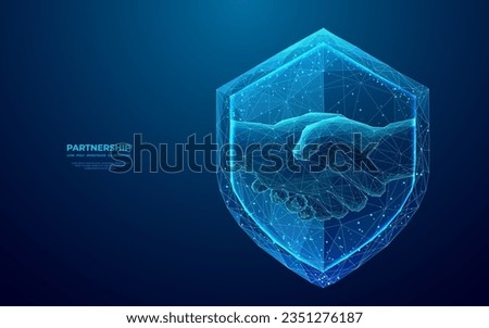 Safe deal concept in futuristic low poly wireframe style. Abstract digital handshake on knight shield technology background. Partnership, Best Deal vector illustration. Polygonal vector illustration.