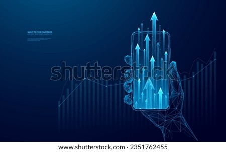 Abstract growing arrow up on smartphone screen. Human person holding a phone with hologram of boosting arrows or graph chart. Acceleration of digital and  Internet processes. Low poly wireframe vector