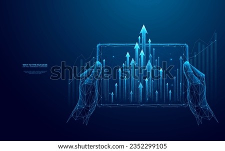Stock exchange and trader holding tablet with arrow up signs. Abstract tablet in the hands of a man close-up. First-person view. Investment boost concept. Low poly wireframe vector illustration.