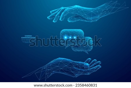Abstract digital close-up hands holding speech bubble icons. Secure communication and
chat protection concept. Vector illustration in futuristic low poly wireframe style on blue technology background.