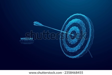 Abstract digital target with an arrow in the center. Growth strategy or financial goal concept. Futuristic low poly wireframe vector illustration on blue technology modern background. The bull's eye.