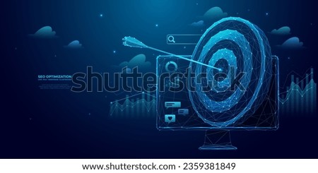 SEO optimization concept in futuristic geometry style. Abstract digital target, arrow in bullseye on a computer monitor screen.  Growth chart on blue technology background. Low poly wireframe vector.