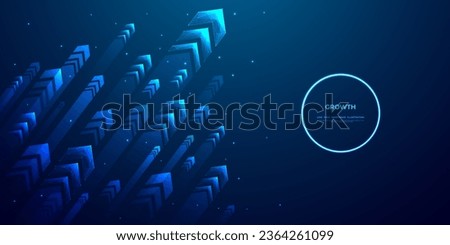 Diagonal stream of growth Up arrows in blue futuristic style on dark technology background with glowing dots or stars. Low poly wireframe high-speed arrows that are flying up. Vector illustration.