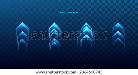 Blue speed growth up arrows set. Isolated digital abstract arrow with glowing neon lines, connected dots on a dark background. Hologram boosting web signs in futuristic low poly wireframe style. 